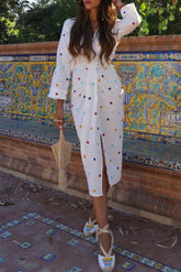 Ingvn - Casual Embroidery Slit V Neck Long Sleeve Dresses