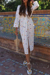 Ingvn - Casual Embroidery Slit V Neck Long Sleeve Dresses