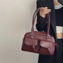 INGVN Vintage Women Business Shoulder Bags Simple Ladies Commute Tote Bag Pu Leather Female Underarm Bag Burgundy Large Handbags Purse