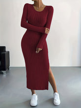 Long Sleeve Bodycon Ribbed Knit Dress - Sexy Crew Neck Split Thigh Slim Fit with Mid Elasticity - Machine Washable Polyester Fabric for Fall/Winter Season