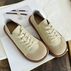 New Women's Shoes Flat Bottom Round Toe Flat Shoes Casual Lace Up Ladies Sneakers Mixed Color Soft Sole Beige Vulcanized Shoes