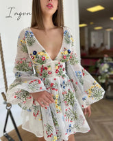 Ingvn - Women's Dress Spring Mesh Floral Embroidery Sexy V-Neck Dresses Cute Lantern Sleeve Mini Dress