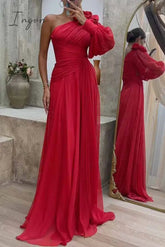 Ingvn - Elegant Solid Fold Oblique Collar Evening Dress Dresses