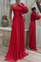 Ingvn - Elegant Solid Fold Oblique Collar Evening Dress Dresses