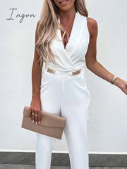 Ingvn - Female Backless V Neck Solid Zipper Jumpsuit Off Shoulder Sleeveless Overalls With Pockets Casual Women Summer Slim Long Rompers