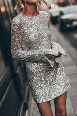 Ingvn - Casual Solid Sequins Buttons O Neck A Line Dresses