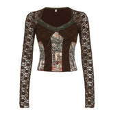 Brown Transparent Lace Sleeve Crop Top Grunge y2k Floral Print Square Collar T-shirt Women Retro Shirt Vintage 2000s Tees
