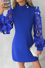 Ingvn - Elegant Solid Buttons Appliques Half A Turtleneck A Line Dresses