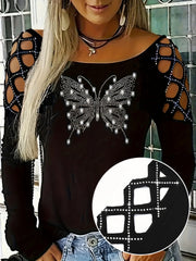 Plus Size Glittery Butterfly Chic Long Sleeve T-shirt - Sparkling Hollow Out Design, Round Neck, Slight Stretch, Comfortable Fit - Y2K Inspired Fashion for Women