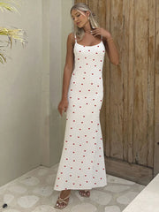 Elegant Heart Print Ribbed Maxi Dress Women Summer Y2K Trend Square Collar Backless Robe Daily Casual Fashion Outfits