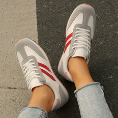 Women's Fashion Sneakers - Breathable & Lightweight, Lace-Up Casual Sneakers with Red & Blue Stripes, Comfortable Soft Sole