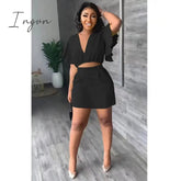 Ingvn - Summer 2 Pcs Suits Fashion V-neck Ruffle Sleeve Tshirt High Waist A-line Mini Skirt 2 Piece Suits Outifits for Women