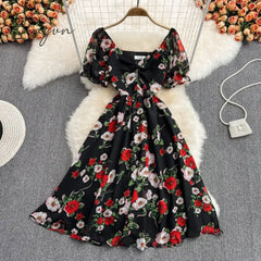 Ingvn - Summer Outfits Ladies French Retro V-neck Floral Women Dress Elegant Draped Flowers Short Puff Sleeves Slim Fairy Mid-calf A-line Dress