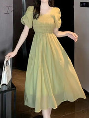 Ingvn - Elegant Dress for Women Ruffles Square Collar Short Sleeve French Style High Waisted A Line Party Midi White Dresses