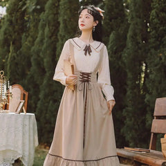 Ingvn - Spring Summer Women Long Midi Suspender Skirt Teen Girls Preppy Style Cute Lace-Up High Waist Ruffle A-Line Skirts