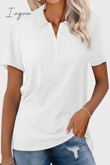 Ingvn - Casual Simplicity Solid Buckle Turndown Collar T-Shirts