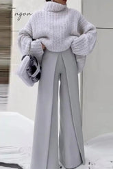 Ingvn - Elegant Solid Fold Turtleneck Long Sleeve Two Pieces