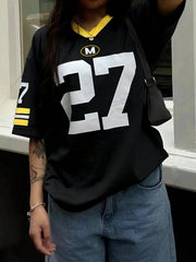 Women's Summer V-Neck Loose Casual Numeric Print T-Shirt Graphic Tee Tops Loose And Breathable Sports Jersey Trendy T-shirt