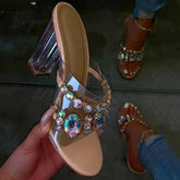 Ingvn - Rhinestone Chunky Heel Slip-On Flip Flop Pvc Slippers