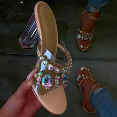 Ingvn - Rhinestone Chunky Heel Slip-On Flip Flop Pvc Slippers