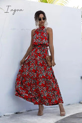 Ingvn - Summer Elegant beach Women Dress long Print Flowers Polka-dot strap Ladies Halter boho Dress Vintage party ladies Dress