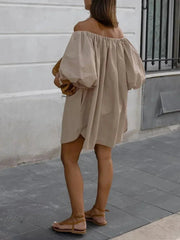 Ingvn Sexy Slash Neck Off Shoulder Khaki Short Dress High Street Fashion Casual Woman Clothing Summer Puff Sleeve Solid Party Dresses
