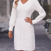 Cozy Cable Knit Dress - Figuring-Flattering Cinched Waist & Long Sleeves - Stylish V Neck Casual Style - Perfect for Fall & Winter Wardrobe - Womens Fashion Essential