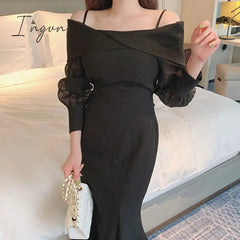 Ingvn - Korean chic spring elegant temperament twisted one-line collar sling off shoulder bubble sleeve long fishtail dress women