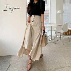 Ingvn - New Vintage Elastic Waist Buttons Irregular Chic Cotton and Linen Split Spring Summer Women's Long Skirts SK8560