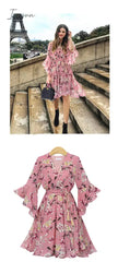 Ingvn - Chiffon High Elastic Waist Party Dress Bow A-line Women Butterfly Sleeve Flower Print Floral Boho Dress Female Vestido Plus Size