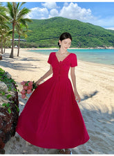 Elegant Beach Holiday Long Dresses for Women Summer New Vintage Lace-up Drawstring V-neck Casual Sweet Slim Female Clothing