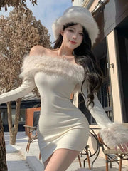 Y2K Sexy Christmas Mini Dress for Women Off Shoulder Slash Neck Patchwork Bodycon Party Dresses Winter Sweet Prom Vestidos Robe