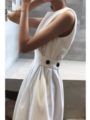 Ingvn - Summer Outfits Summer Women Solid Long Dress White Chic Elegant Casual Party O Neck Sleeveless Tank Female Waist Retraction Holiday Party Robe