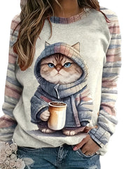 Kitten Print Crew Neck Sweatshirt, Casual Long Sleeve Drop Shoulder Sweatshirt, Women's Clothing