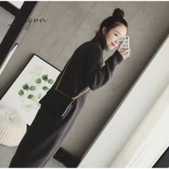 Ingvn - Turtleneck knitted sweater dress ladies fall winter elastic cashmere bottoming shirt midlength over the knee thick sweater dress