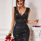 Sparkling V Neck Cocktail Dress, Elegant Sleeveless Bodycon Dress For Party & Banquet, Women's Clothing Wedding/Evening dress/Occasion/Engagement/Ceremony