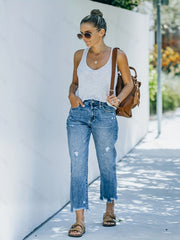 Womens Comfortable Solid Color Straight-Leg Non-Stretch Denim Jeans - Ripped, Cropped, Casual Style with Slant Pockets, Perfect for Spring, Summer, and Fall - Hand Wash or Professional Dry Clean Only