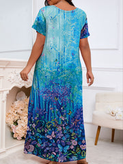 Plus Size Elegant Night Dress - Soft Slight Stretch Polyester V Neck Short Sleeve Split Design with Random Butterfly & Floral Print - Comfortable All-Season Knit Fabric Home Wear