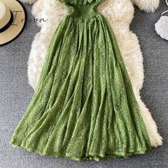 Ingvn - Vintage Purple/Green/Red Lace Midi Dress Women Sweet Round Neck Ruffle Vestidos Female High Waist Slim Robe Spring Autumn