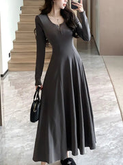 Women's Solid Maxi Dress Casual Korean Chic Long Sleeve U-Neck Slim Fit A-Line Autumn Sexy Prom Robe Vestidos Mujer New Clothes