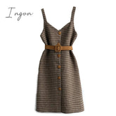 Ingvn - Commuter style sweater dress sweater suit women autumn and winter new retro woolen plaid strap jumpsuit