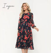 Ingvn - Summer Outfits Fashion Trends Elegant Dot Print Long Sleeve Polka Dress O Neck Chiffon A Line Women Casual Dress Vintage Midi Vestidos