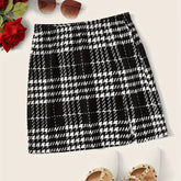 Stylish Plaid Mini Skirt - Women's Elegant Split A-Line Skirt for Work or Casual Occasions - Comfortable, Flattering, and Versatile Clothing for Ladies