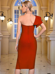 Women's One Shoulder Wedding Guest Dress Side Split Bandage Bodycon Midi Cocktail Club Dresses