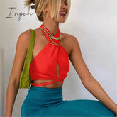 Ingvn - Women Summer Tank Tops Sexy Solid Color Cross Halter Neck Hollow Out Camisole Tie Backless Bandage Cropped Bustier Vest