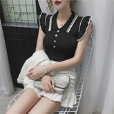 Ingvn - Womens Fashion Trends Summer Fashion Korean Slim Crop Tops Women Turn-down Collar Knitted T-shirts Sleeveless Ruffles T Shirt Female Tee Shirt Femme