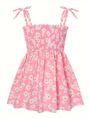 Cotton Little Girls Brief Slip Dress - Shirred, Random Daisy Print, Non-Stretch, Regular Fit, Cute Style - Perfect for Summer Beach Vacation and Outdoor Play