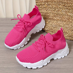 Women's Solid Color Fashion Sneakers, Lace-up Thick Sole Casual Running Shoes, Lightweight Breathable Walking Shoes, Non-Slip Soft Sole, All-Season Comfort Sports Shoes, Fabric Upper, PVC Sole, Fabric Lining, No Print