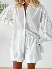 Long Sleeve Button Front Solid Color Elegant Set, Women's Loose Fit Shorts & Shirt