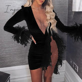 Ingvn - Sexy See Through Sequin Mesh Patchwork Dresses Women Deep V White Feather Mini Party Dress Ladies Nightclub Vestidos